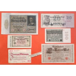 . 6 billetes x ALEMANIA 1000 MARCOS 1910 y 10000 MARCOS 1922 y 20 + 100 MILLONES DE MARCOS 1923 WEIMAR e IMPERIO