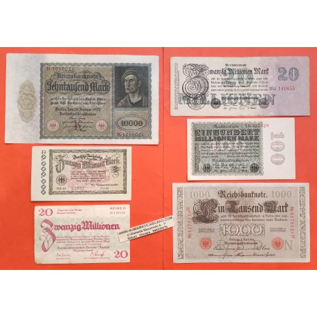 . 6 billetes x ALEMANIA 1000 MARCOS 1910 y 10000 MARCOS 1922 y 20 + 100 MILLONES DE MARCOS 1923 WEIMAR e IMPERIO