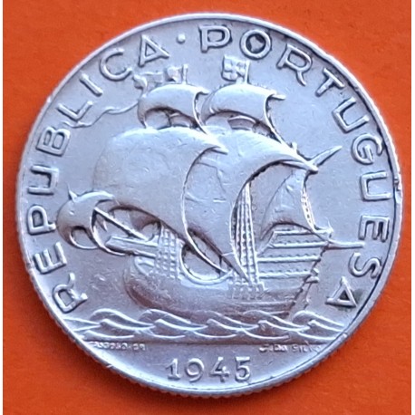PORTUGAL 2,50 ESCUDOS 1945 CARABELA KM.580 MONEDA DE PLATA MBC- República Portuguesa silver WWII