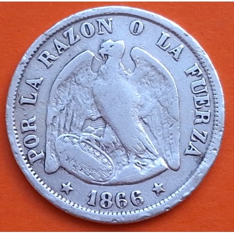 . @ESCASA@ REPUBLICA DE CHILE 20 CENTAVOS 1866 Ceca de SANTIAGO So ESCUDO NACIONAL KM.135 MONEDA DE PLATA silver coin PESO