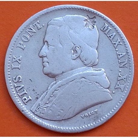 @RESELLO en ESTRELLA@ VATICANO 20 BAIOCCHI 1865 R Año XV ESTADOS PAPALES Papa PIO IX KM.1360 MONEDA DE PLATA POPE PIUS IX