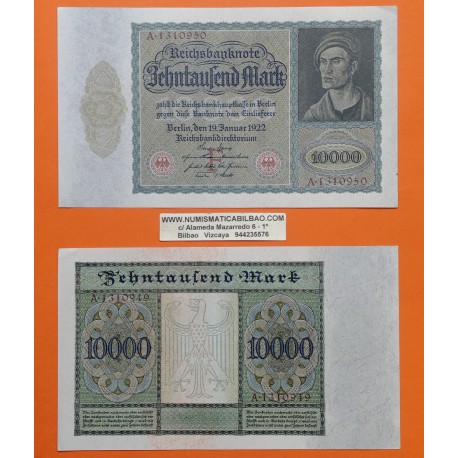 @TAMAÑO XXL@ ALEMANIA 10000 MARCOS 1922 ALBERT DURER Época WEIMAR Aguilas Rojas Pick 70 BILLETE EBC- Germany Reichsbanknote