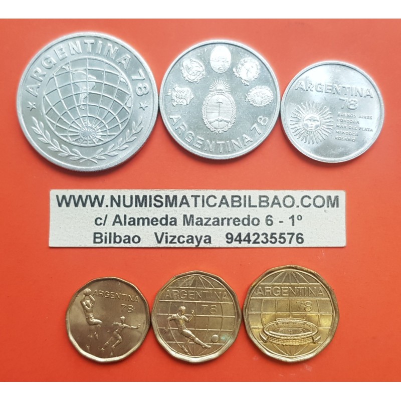 6 monedas x ARGENTINA 20+50+100 PESOS 1977 LATON y 1000 + 2000 + 3000 PESOS 1977 PLATA MUNDIAL DE FUTBOL 1978 SC 1,30 Onzas