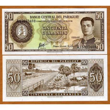 PARAGUAY 50 GUARANIES 1952 ESTIGARRIBIA CAMPO CON CABALLOS Pick 197B BILLETE SC UNC BANKNOTE