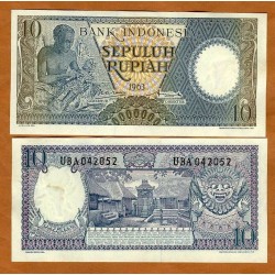 INDONESIA 10 RUPIAS 1963 CAMPESINO TALLANDO MADERA Pick 89 BILLETE SC 10 Rupiash UNC BANKNOTE