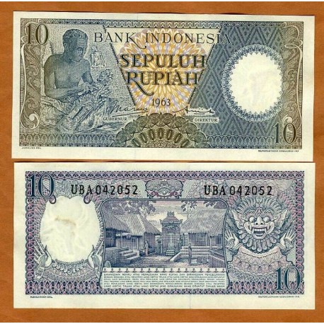 INDONESIA 10 RUPIAS 1963 CAMPESINO TALLANDO MADERA Pick 89 BILLETE SC 10 Rupiash UNC BANKNOTE