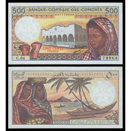 COMORES 500 FRANCOS 1986 NATIVAS y BARCAS EN PLAYA Pick 10.A ***VER FIRMAS*** BILLETE SC Comoros UNC BANKNOTE