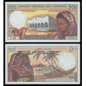 COMORES 500 FRANCOS 1986 NATIVAS y BARCAS EN PLAYA Pick 10.A ***VER FIRMAS*** BILLETE SC Comoros UNC BANKNOTE
