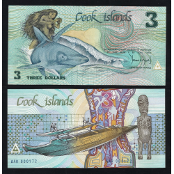 ISLAS COOK 3 DOLARES 1987 TIBURON CABALGADO POR NATIVA DESNUDA Pick 3.A BILLETE SC $3 Dollars UNC BANKNOTE ISLANDS Shark