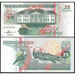 SURINAME 25 GULDEN 1991 PAJAROS y NADADOR A MARIPOSA Pick 138A BILLETE SC Surinam UNC BANKNOTE