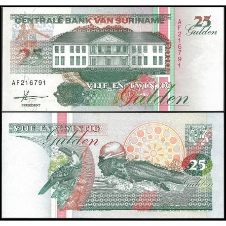 SURINAME 25 GULDEN 1991 PAJAROS y NADADOR A MARIPOSA Pick 138A BILLETE SC Surinam UNC BANKNOTE