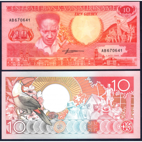 SURINAME 10 GULDEN 1986 PAJARO TROPICAL y ANTÓN DE KOM Pick 131.A BILLETE SC Surinam UNC BANKNOTE