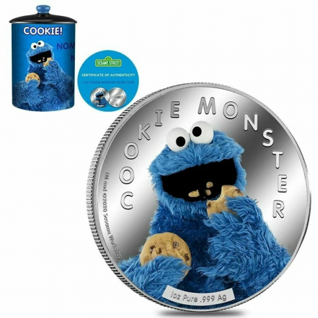 . 1 aaaaaaaaacoin @COLORES@ SAMOA 5 DOLARES 2021 COOKIE MONSTER Barrio Sésamo ESTUCHE BOTE DE GALLETAS MONEDA PLATA 1 ONZA