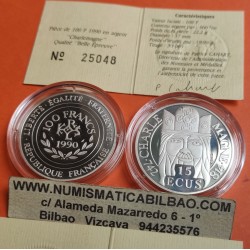 . 1 moneda x FRANCIA 100 FRANCOS 1990 CARLOMAGNO KM.989 PLATA PROOF + CERTIFICADO France 15 Ecus 1990