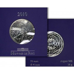 . 1 aaaacoin @ESTUCHE OFICIAL@ FRANCIA 50 EUROS 2010 LA SEMEUSE MONEDA DE PLATA 900 mls 36 gramos 41mm