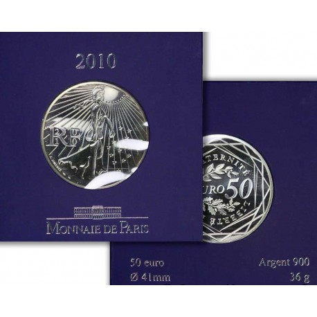. 1 aaaacoin @ESTUCHE OFICIAL@ FRANCIA 50 EUROS 2010 LA SEMEUSE MONEDA DE PLATA 900 mls 36 gramos 41mm