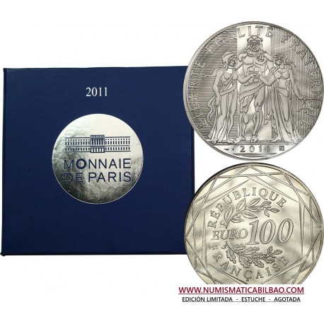 . 1 aaaacoin @ESTUCHE OFICIAL@ FRANCIA 100 EUROS 2011 HERCULES MONEDA DE PLATA 900 mls. 47 mm. 50 gramos France