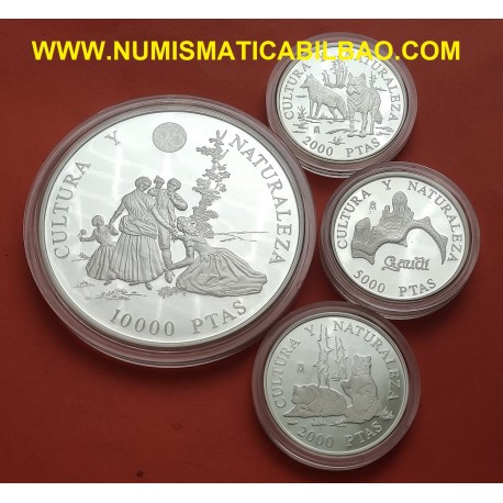 . 8,20 Onzas x CULTURA y NATURALEZA 3ª Serie 2000 + 5000 + 10000 PESETAS 1996 SI CAPSULAS NO ESTUCHE FNMT 4 MONEDAS PLATA España