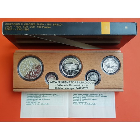 ESPAÑA V CENTENARIO 100+200+500+1000+2000 PESETAS 1990 PLATA FDC 2ª SERIE 5 VALORES QUINTO ESTUCHE FNMT 1,55 ONZAS