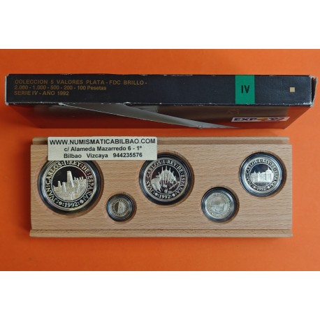 ESPAÑA V CENTENARIO 100+200+500+1000+2000 PESETAS 1992 PLATA FDC 4ª Serie 5 Valores QUINTO ESTUCHE FNMT 1,55 ONZAS