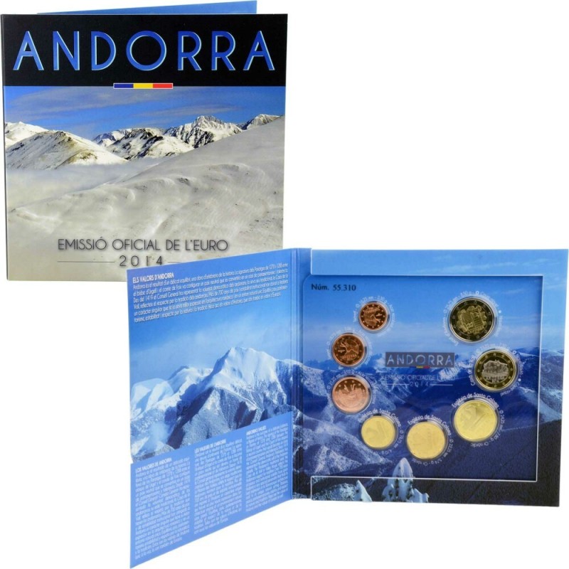 @PRIMER AÑO DE EMISION@ ANDORRA CARTERA OFICIAL EUROS 2014 BU SET 1+2+5+10+20+50 CENTIMOS 1 EURO + 2 EUROS 2014 SC 8 MONEDAS