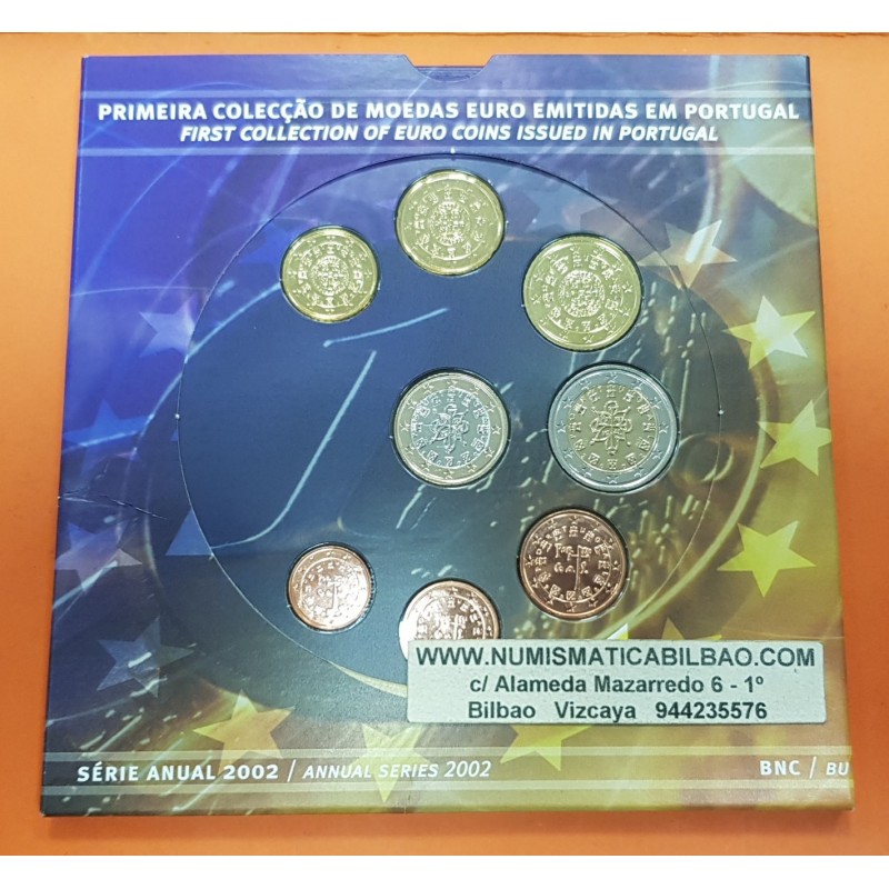 . 1º AÑO DE EMISIÓN x PORTUGAL CARTERA OFICIAL EUROS 2002 SC 1+2+5+10+20+50 CENTIMOS + 1 EURO + 2 EUROS 2002 BU SET KMS