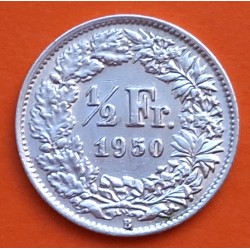 SUIZA 1/2 FRANCO 1950 B DAMA HELVETICA CON ESCUDO y LANZA KM.23 MONEDA DE PLATA SC- Switzerland silver Half franc