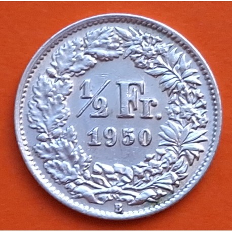 SUIZA 1/2 FRANCO 1950 B DAMA HELVETICA CON ESCUDO y LANZA KM.23 MONEDA DE PLATA SC- Switzerland silver Half franc