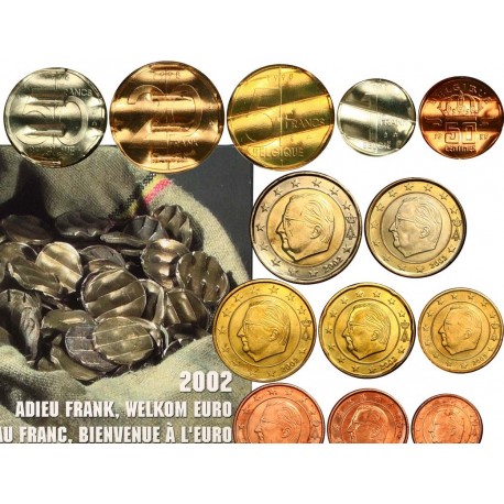 . ADIEU FRAK - WELKOM EURO x BELGICA CARTERA OFICIAL EUROS 2002 BU SET 1+2+5+10+20+50 Céntimos + 1€ + 2 EUROS 2002 DISEÑO TIPO 1