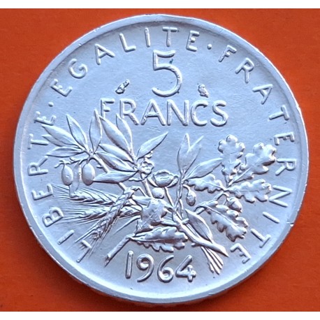 FRANCIA 5 FRANCOS 1964 SEMBRADORA SEMEUSE KM.926 MONEDA DE PLATA EBC/SC France 5 Francs silver 0,32 ONZAS R/1