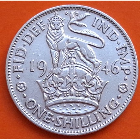 INGLATERRA 1 SHILLING 1946 JORGE VI y LEON SOBRE CORONA diseño INGLES KM.853 MONEDA DE PLATA MBC+ UK silver POST WWII