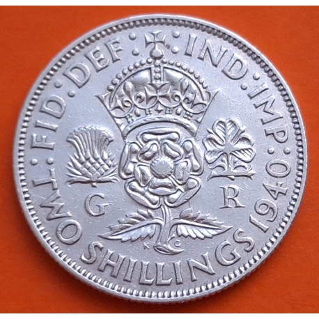 INGLATERRA 2 SHILLINGS 1940 JORGE VI y FLOR KM.855 MONEDA DE PLATA MBC @MUESCAS@ Great Britain United Kingdom WWII