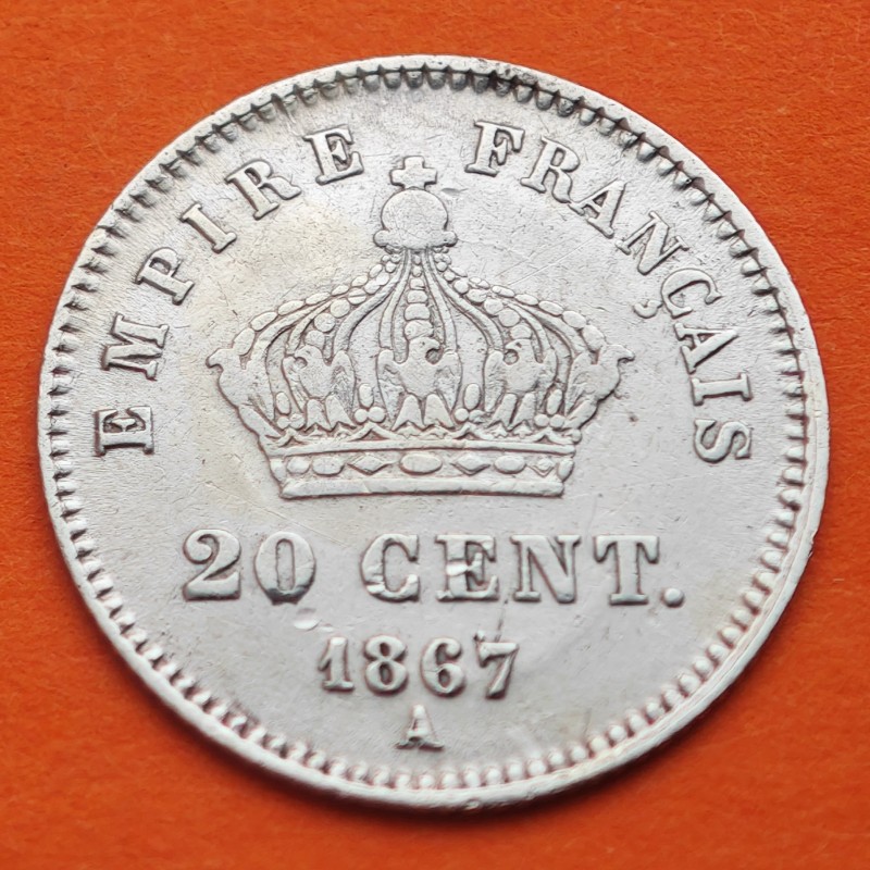 FRANCIA 20 CENTIMOS 1867 A (PARIS) NAPOLEON III KM.778 MONEDA DE PLATA EBC- France 20 Centimes