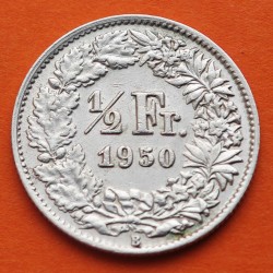 SUIZA 1/2 FRANCO 1950 B DAMA HELVETICA CON ESCUDO y LANZA KM.23 MONEDA DE PLATA EBC- Switzerland silver Half franc