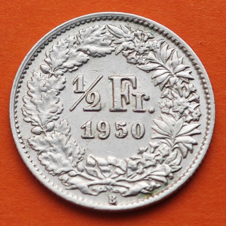 SUIZA 1/2 FRANCO 1950 B DAMA HELVETICA CON ESCUDO y LANZA KM.23 MONEDA DE PLATA EBC- Switzerland silver Half franc