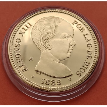 0,40 ONZAS x MEDALLA FNMT HISTORIA DE LA PESETA ESPAÑA 20 PESETAS 1889 ALFONSO XIII PLATA BAÑO DE ORO 13,50 gramos 925 milésimas