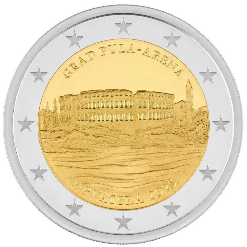 . 1 aaaaaaaaaacoin @RARA - 27/FEBRERO Envío@ CROACIA 2 EUROS 2025 GRAD PULA - ARENA Ciudad 2ª MONEDA BIMETALICA SC