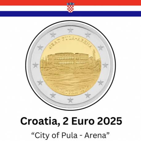 . 1 aaaaaaaaaacoin @RARA - 27/FEBRERO Envío@ CROACIA 2 EUROS 2025 GRAD PULA - ARENA Ciudad 2ª MONEDA BIMETALICA SC
