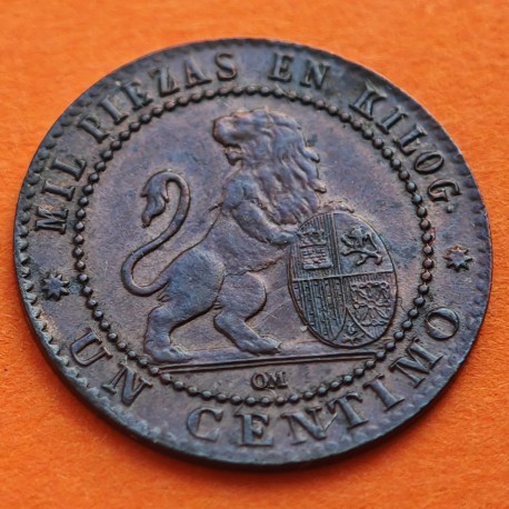 ESPAÑA Gobierno Provisional 1 CENTIMO 1870 OM DAMA y LEON KM.660 MONEDA DE BRONCE MBC++ Spain R/5
