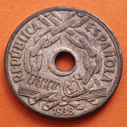 ESPAÑA 25 CENTIMOS 1938 LIBRO y CADENAS REPUBLICA ESPAÑOLA KM.757 MONEDA DE COBRE MBC+ R/5