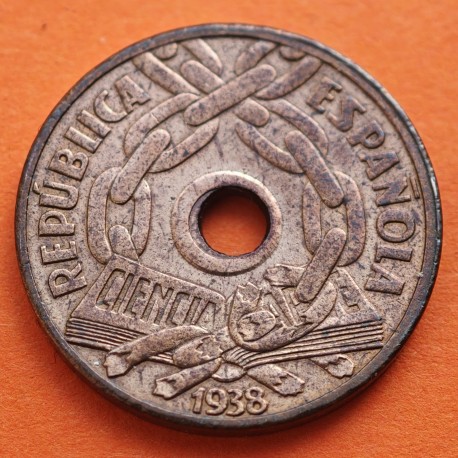 ESPAÑA 25 CENTIMOS 1938 LIBRO y CADENAS REPUBLICA ESPAÑOLA KM.757 MONEDA DE COBRE MBC+ R/5