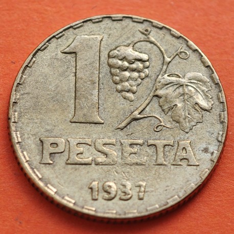 ESPAÑA 1 PESETA 1937 DAMA y RACIMO DE UVAS KM.755 MONEDA DE LATON MBC + Imperfecciones REPÚBLICA ESPAÑOLA R/1
