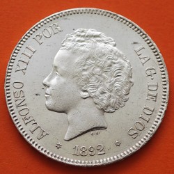 . @BELLÍSIMA@ ESPAÑA 5 PESETAS 1892 * 18 92 PGM REY ALFONSO XIII tipo "RIZOS" KM.700 MONEDA DE PLATA (DURO) Spain silver R/3