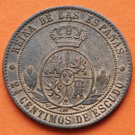 @PRECIOSA@ ESPAÑA REINA ISABEL II 2,50 CENTIMOS DE ESCUDO 1868 OM Ceca de BARCELONA KM.634.1 MONEDA DE COBRE EBC Spain R/3