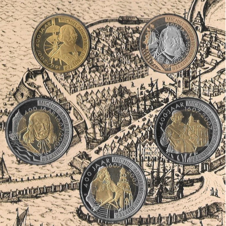 @5 MONEDAS "PRUEBA"@ HOLANDA CARTERA OFICIAL 2007 BU SET 1/2 RUYTER + 2 RUYTER + 3x 2 RUYTER EXPLORADOR MARINO