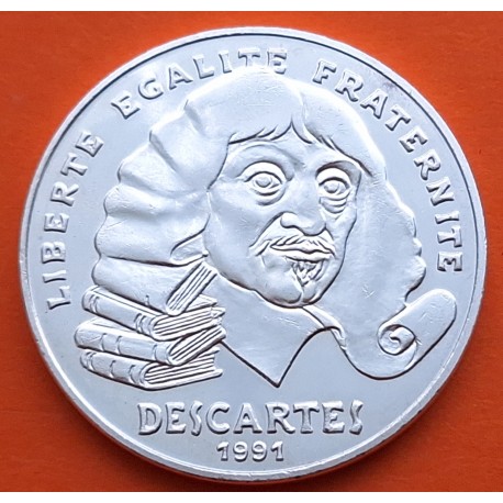 FRANCIA 100 FRANCOS 1991 RENE DESCARTES FILOSOFO KM.996 MONEDA DE PLATA SC + IMPERFECCIONES France 100 Francs silver