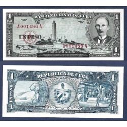 Banco Nacional de CUBA 1 PESO 1956 JOSE MARTI Serie B 000839 A Pick 87A BILLETE SC Caribbean UNC BANKNOTE