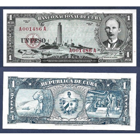 Banco Nacional de CUBA 1 PESO 1956 JOSE MARTI Serie B 000839 A Pick 87A BILLETE SC Caribbean UNC BANKNOTE