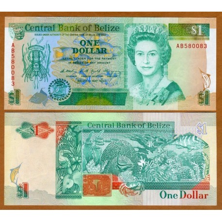 BELIZE 1 DOLAR 1990 ARRECIFE DE CORAL, PECES y REINA ISABEL II Pick 51 BILLETE SC Caribe $1 Dollars UNC BANKNOTE