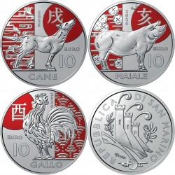 . 1 aaaaaaaacoin @3 MONEDAS@ SAN MARINO 10 EUROS 2025 GALLO + PERRO + CERDO Serie Lunar nº 10+11+12 NICKEL COLOR